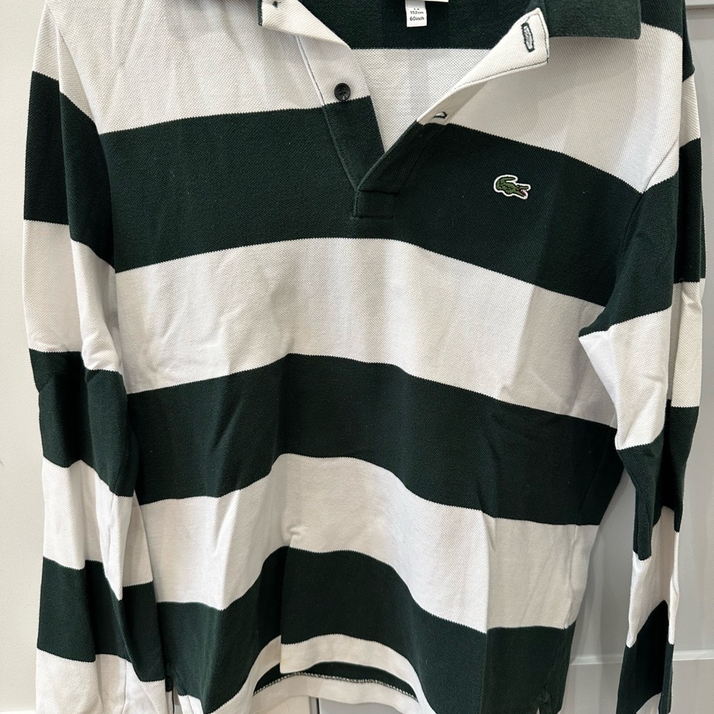 Lacoste Green and White Striped Polo Shirt